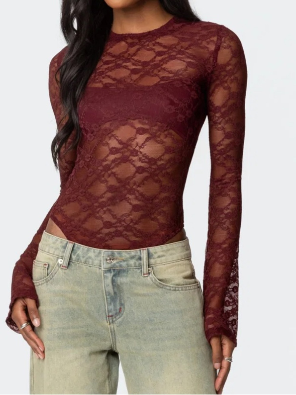 Edikted Lace Long-Sleeve Bodysuit in Burgundy